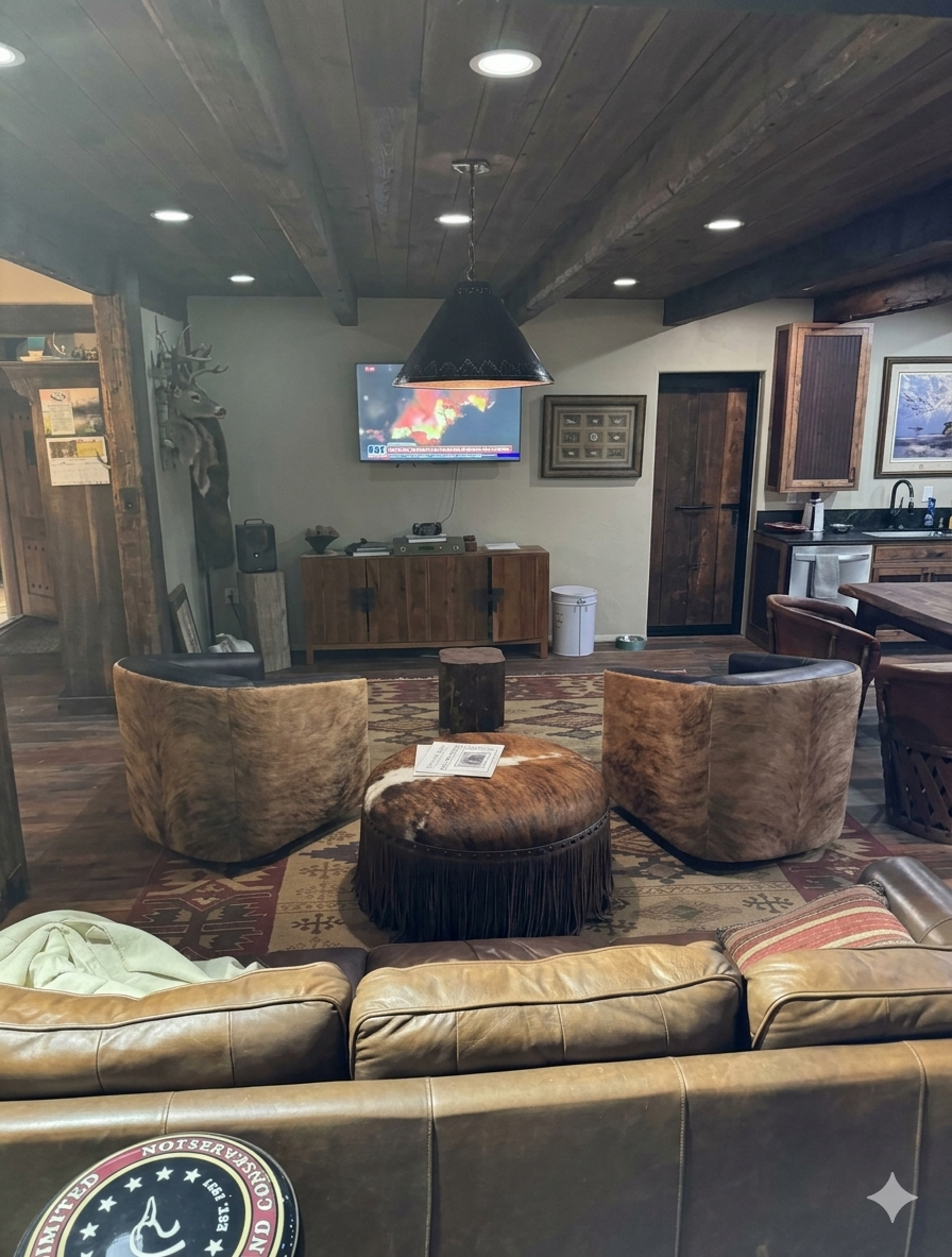 Lodge Living Room - Rustic luxury with leather and cowhide